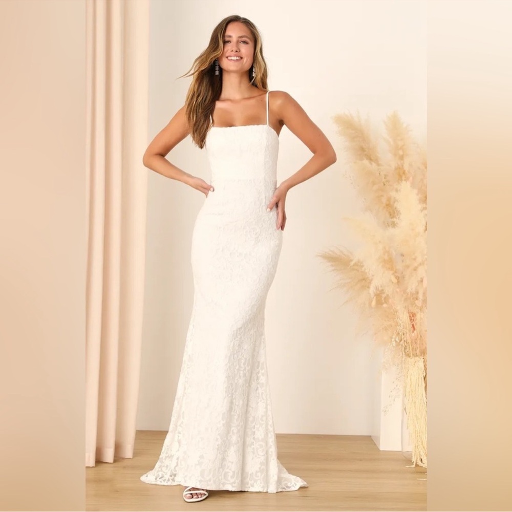 Lulu's White Lace Maxi Dress with Spaghetti Straps